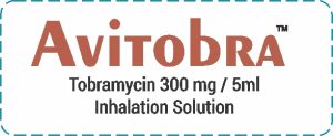 Avitobra Tobramycin 300 mg / 5 ml Inhalation Solution label showing medicine name and dosage details in brown text.