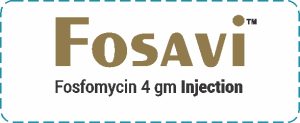 Fosavi injection label with Fosfomycin 4 gm displayed in bold brown text on a white background with dotted border.