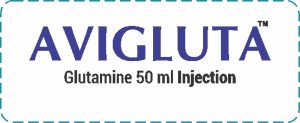 Avigluta Glutamine 50 ml Injection label showing product name and dosage details in blue text on a white background.