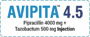 Avipita 4.5 Pipracillin 4000 mg + Tazobactum 500 mg Injection label showing medicine name and dosage in blue text.