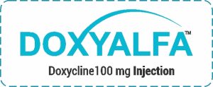 Doxyalfa Doxycycline 100 mg Injection label displaying medicine name and dosage details in blue text on white background.