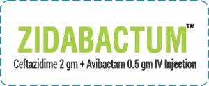 Zidabactum Ceftazidime 2 gm + Avibactam 0.5 gm IV Injection label showing medicine name and dosage in green text.