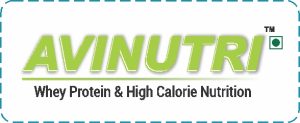 Avinutri Whey Protein & High Calorie Nutrition label displaying product name and description in green text on white background.