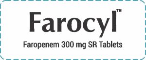 Farocyl Faropenem 300 mg SR Tablets label displaying medicine name and strength details in black text on white background.