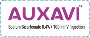 AUXAVI Sodium Bicarbonate 8.4% / 100 ml IV Injection label showing product name and concentration in purple text.