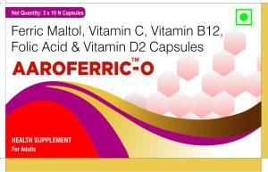 AAROFERRIC-O capsules with Ferric Maltol, Vitamin C, B12, Folic Acid & D2. Health supplement for adults, 3x10 pack.