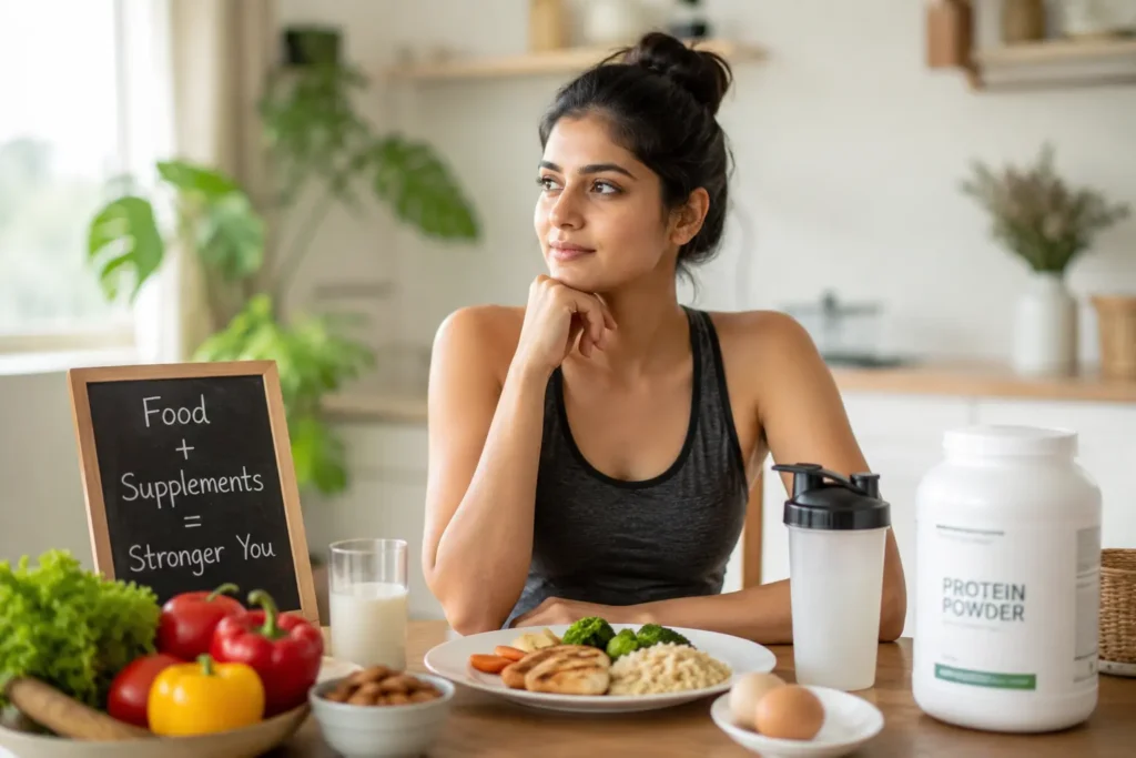 Protein Supplements vs Regular Diet showing healthy food choices and protein powder for balanced daily nutrition