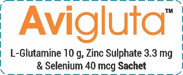 Avigluta L-Glutamine 10 g, Zinc Sulphate 3.3 mg & Selenium 40 mcg Sachet label showing product name and composition in orange text.