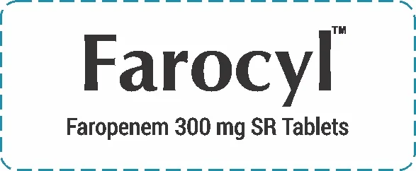 Farocyl Faropenem 300 mg SR Tablets label displaying medicine name and strength details in black text on white background.