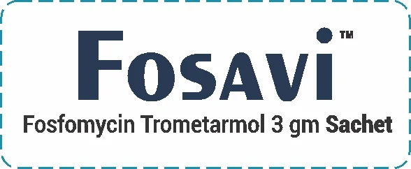 Fosavi Fosfomycin Trometamol 3 gm Sachet label displaying medicine name and dosage information in dark blue text.