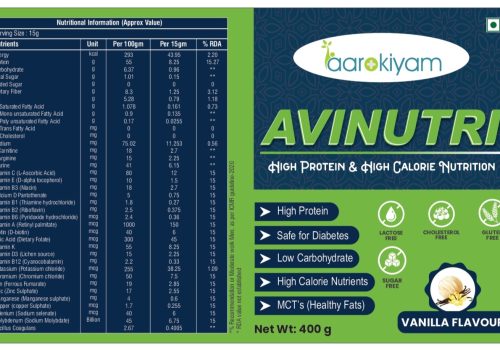 AviNutri high protein and high calorie nutritional supplement label showing vanilla flavor, lactose-free, gluten-free, and sugar-free features.