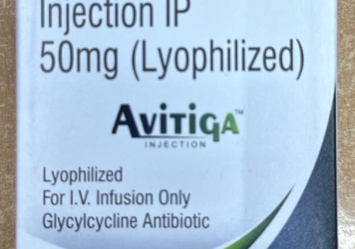 AVITIGA Tigecycline 50mg Injection IP box packaging from Aarokiyam Lifesciences, used for resistant bacterial infections